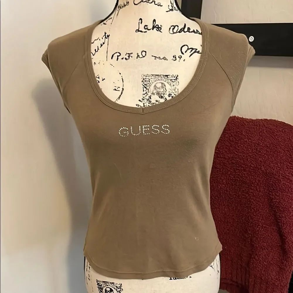 GUESS Y2K Distressed Green Scoop Neck Embellished Logo Pullover Top 2000’s